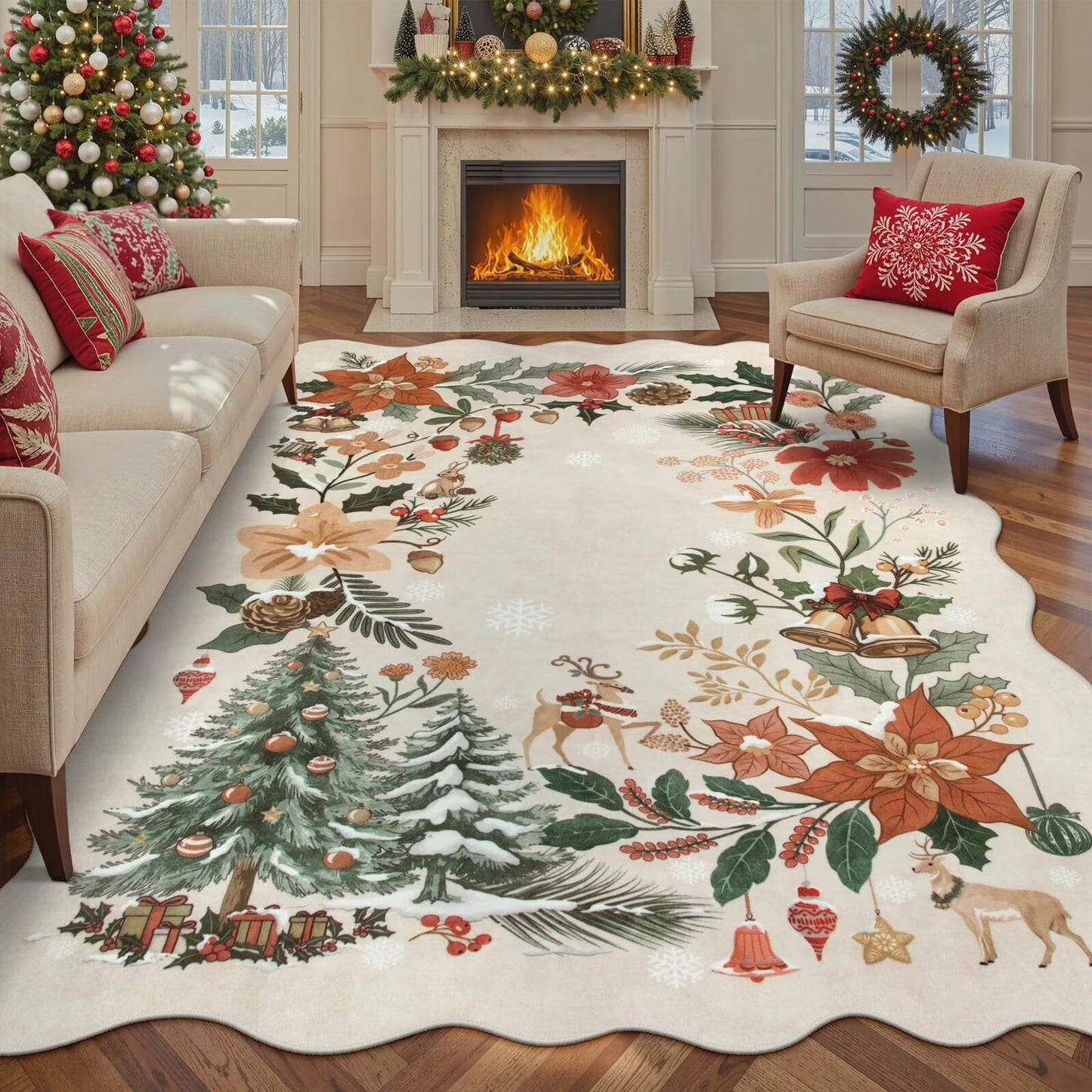 Moynesa Christmas Area Rug, Washable Area Rugs for Bedroom Entryway Xmas Throw Rug Christmas Tree Floral Decorative Boho Rug