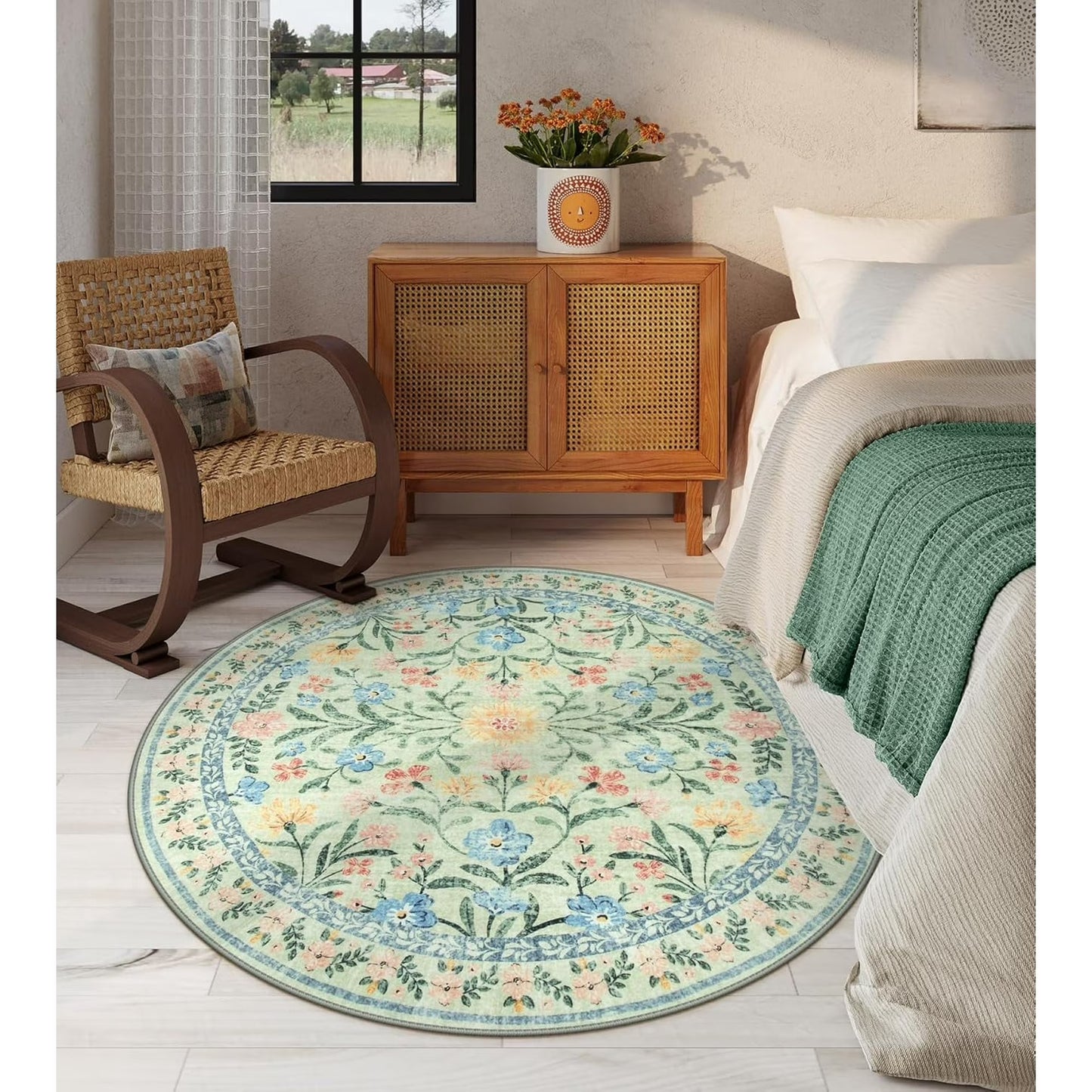 Moynesa Boho Green Area Rugs Living Room, Washable Floral Large Area Rugs for Bedroom, Soft Non-Slip Thin Rug for Nursery Kids Playroom Home