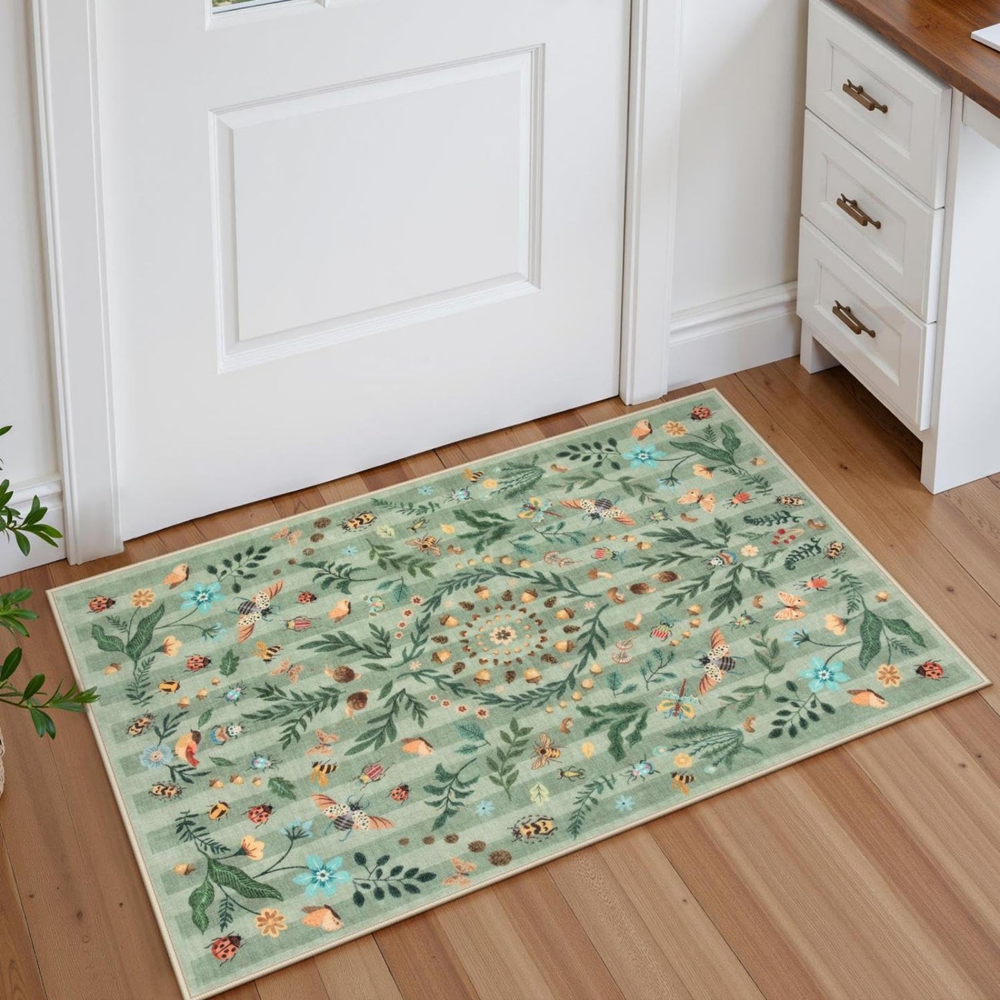 Lahome Decor Insect Botanical Washable Rugs for Bedroom, Soft Rug for Entryway, Kitchen Rugs Non Slip Washable, Boho Floral Indoor Throw Carpet for Bathroom Laundry Living Room Walmart Walmart 2'x3' Green