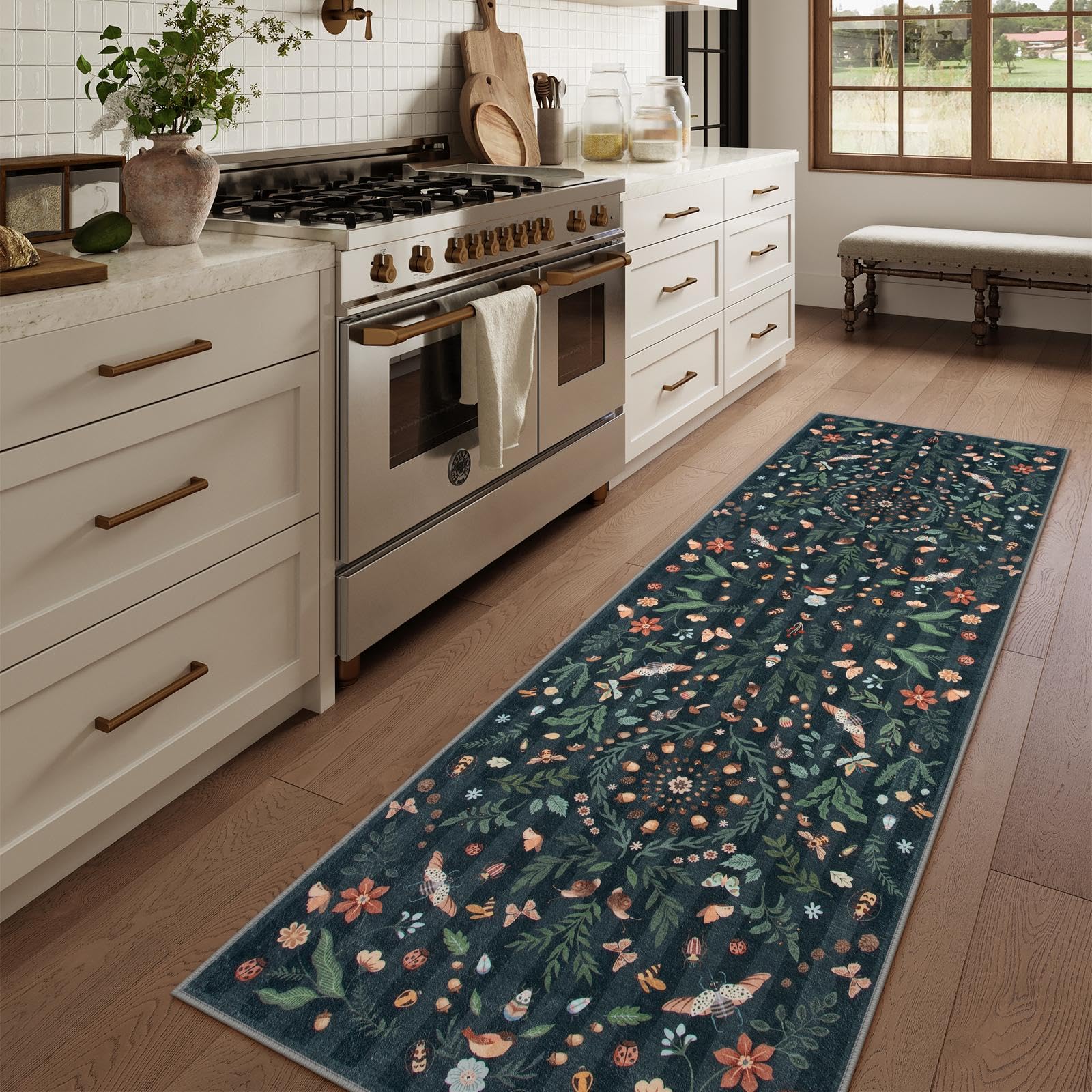 Lahome Decor Insect Botanical Washable Rugs for Bedroom, Soft Rug for Entryway, Kitchen Rugs Non Slip Washable, Boho Floral Indoor Throw Carpet for Bathroom Laundry Living Room Walmart Walmart 2'x6' Black