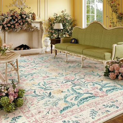 Moynesa Boho Green Area Rugs Living Room, Washable Floral Large Area Rugs for Bedroom, Soft Non-Slip Thin Rug for Nursery Kids Playroom Home