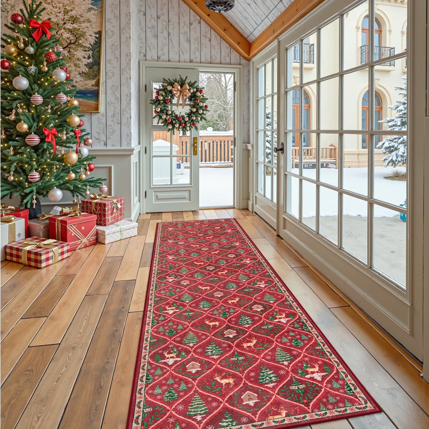 Moynesa Christmas Runner Rugs for Hallway, Washable Kitchen Rug Carpet Runner,Non-Slip Low Pile Soft Winter Moroccan Holiday Xmas Decor Modern Mat for Entrance Bedroom Laundry
