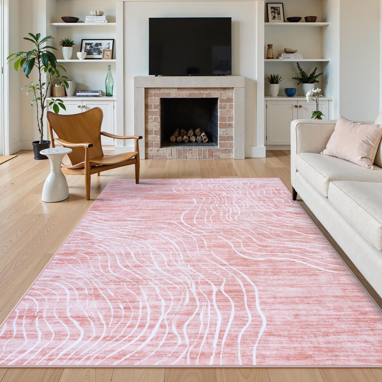 RUG ROBOT 5'x7' Abstract Area Rugs for Living Room, Soft Washable Pink Rugs for Girls Bedroom, Non-Slip Modern Wave Striped Large Accent Carpet for Dining Room Kitchen Nursery, Pink