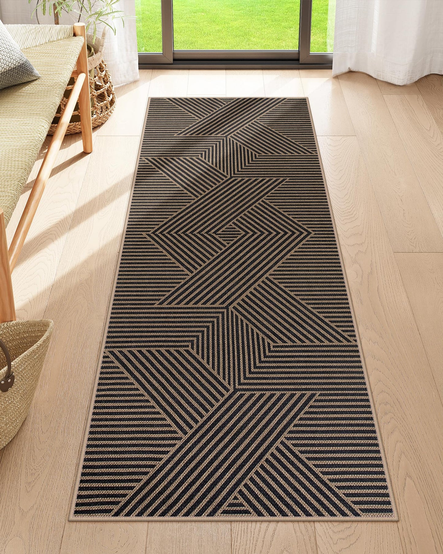 RUG ROBOT Modern Geometric Easy Jute Area Rug, Washable Indoor Rugs for Living Room Bedroom Entryway Rug Non Slip, Black Farmhouse Outdoor Carpet for Patio Courtyard Bedroom