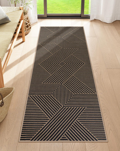 RUG ROBOT Modern Geometric Easy Jute Area Rug, Washable Indoor Rugs for Living Room Bedroom Entryway Rug Non Slip, Black Farmhouse Outdoor Carpet for Patio Courtyard Bedroom