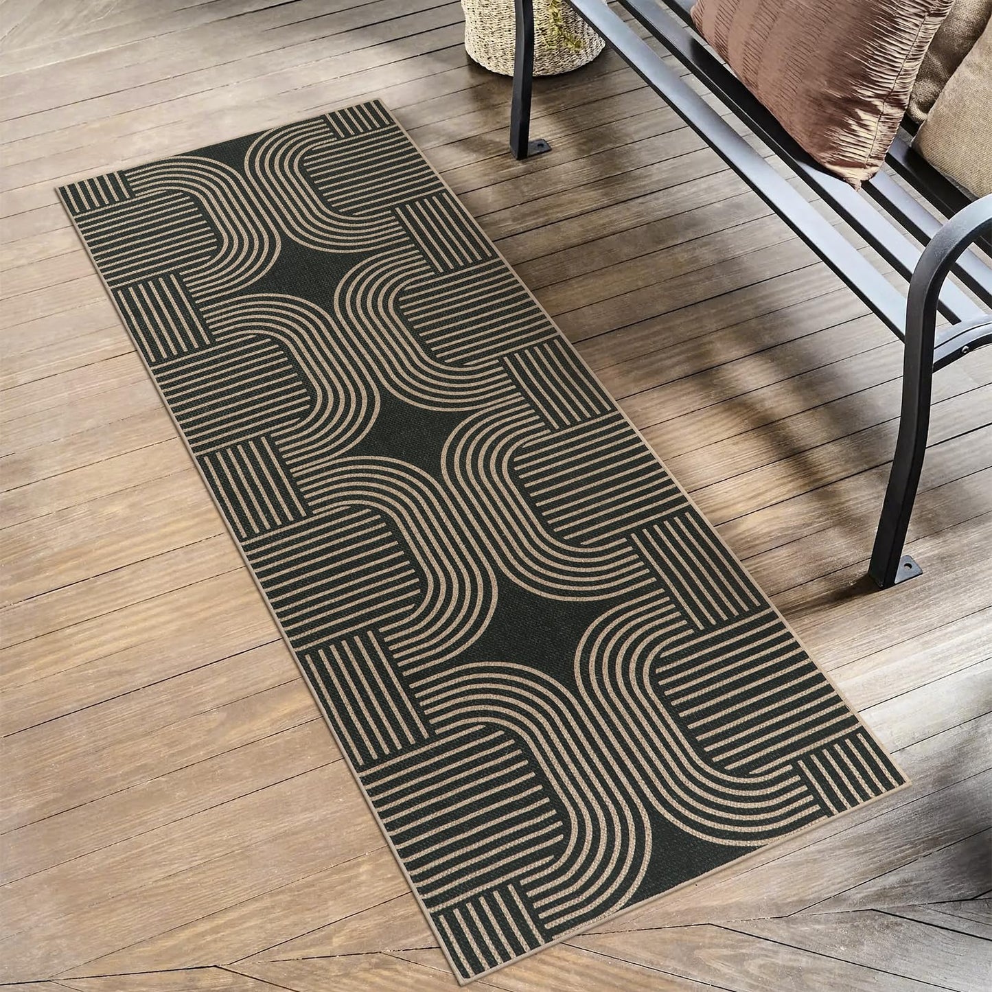 RUG ROBOT Modern Geometric Area Rugs for Living Room, Washable Easy Jute Black Indoor Outdoor Rugs for Entryway Non Slip, Farmhouse Accent Carpet for Bedroom Patio Courtyard