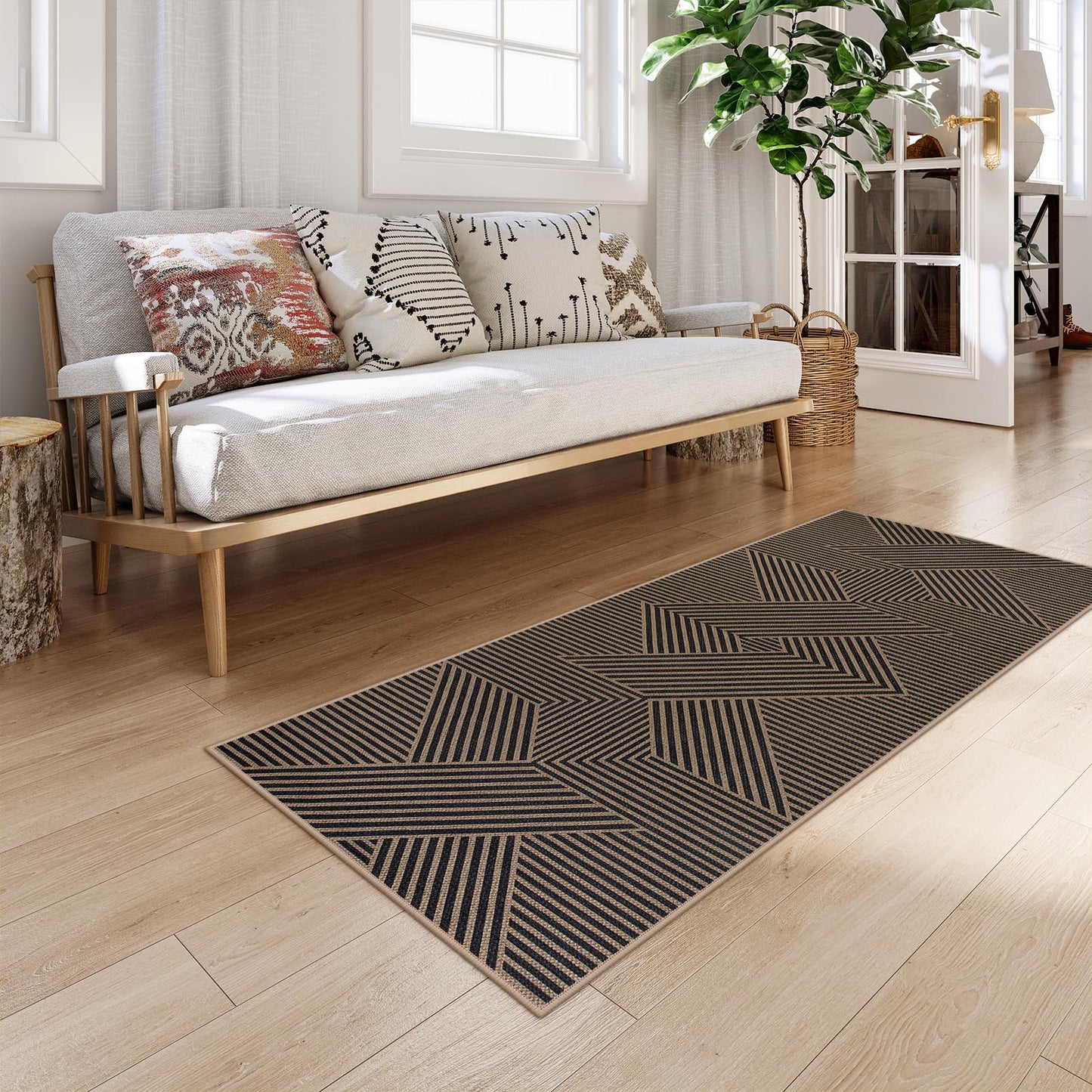 RUG ROBOT Modern Geometric Easy Jute Area Rug, Washable Indoor Rugs for Living Room Bedroom Entryway Rug Non Slip, Black Farmhouse Outdoor Carpet for Patio Courtyard Bedroom