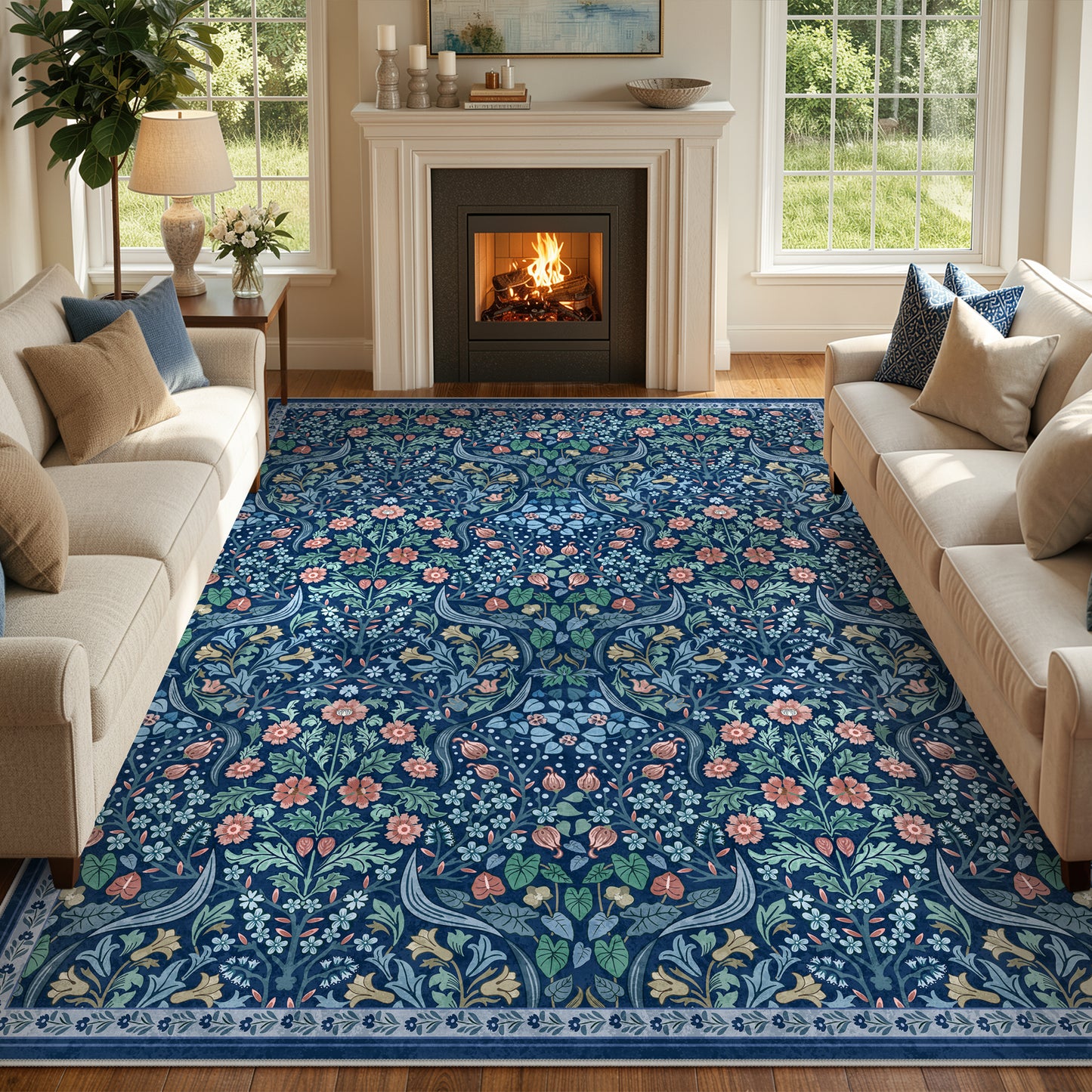 Lahome Washable Area Rug, Floral Rugs for Living Room, Non-Slip Soft Ultra Thin Boho Carpet for Bedroom Dining Room Under Table, Botanical Home Office Decor