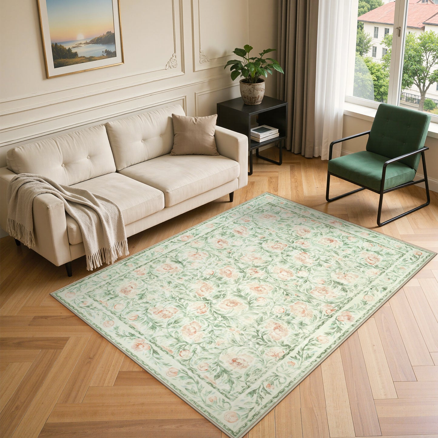 Lahome Decor Floral Living Room Rugs,Boho Area Rug for Bedroom Machine Washable Rug- Non-Slip Soft Indoor Carpet, Stain Resistant Low Pile for Farmhouse,Dining Room,Office