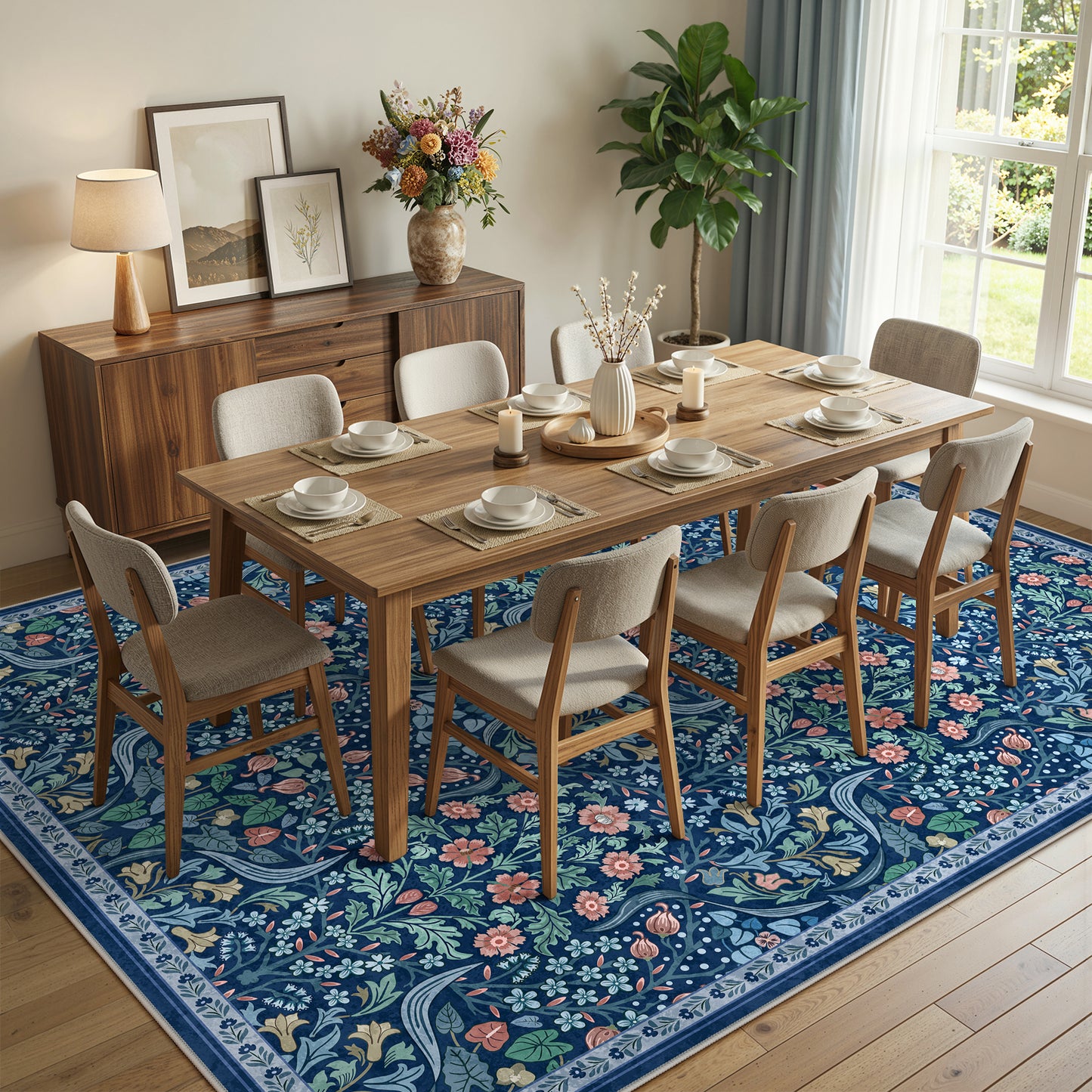 Lahome Washable Area Rug, Floral Rugs for Living Room, Non-Slip Soft Ultra Thin Boho Carpet for Bedroom Dining Room Under Table, Botanical Home Office Decor