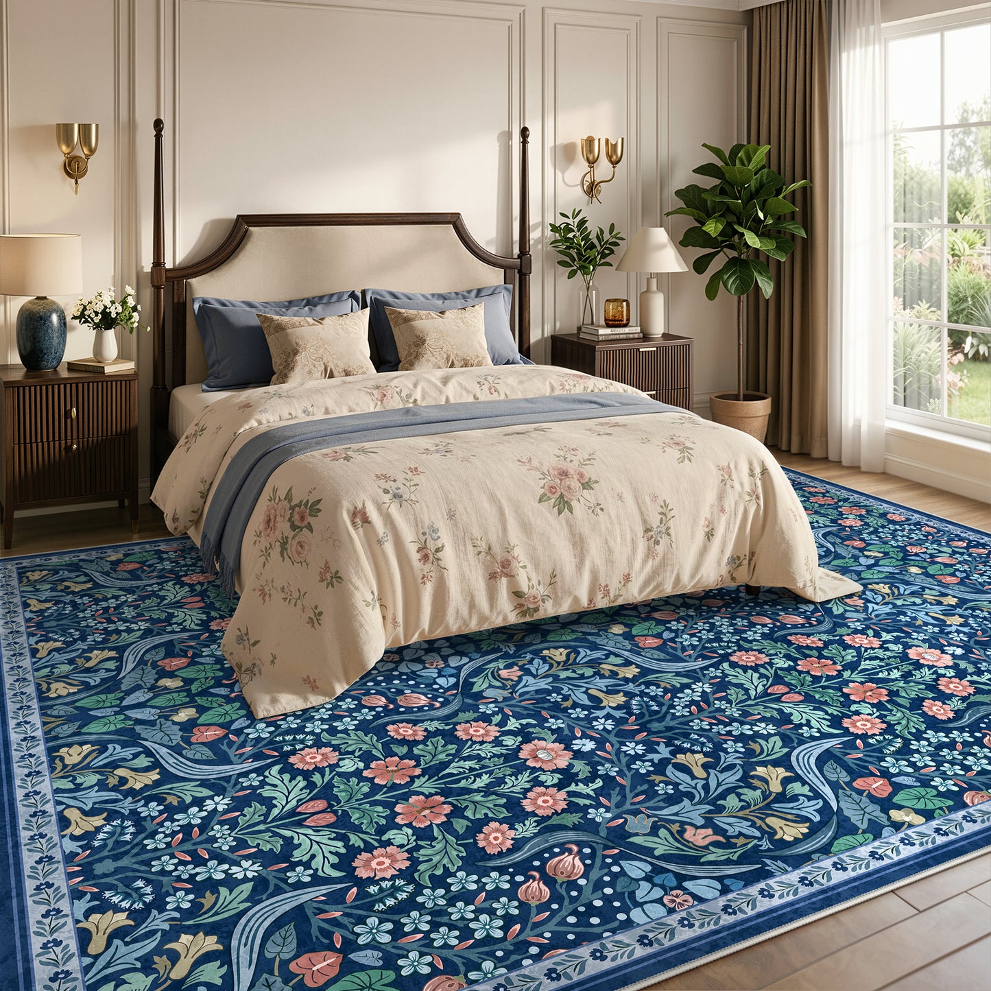 Lahome Washable Area Rug, Floral Rugs for Living Room, Non-Slip Soft Ultra Thin Boho Carpet for Bedroom Dining Room Under Table, Botanical Home Office Decor