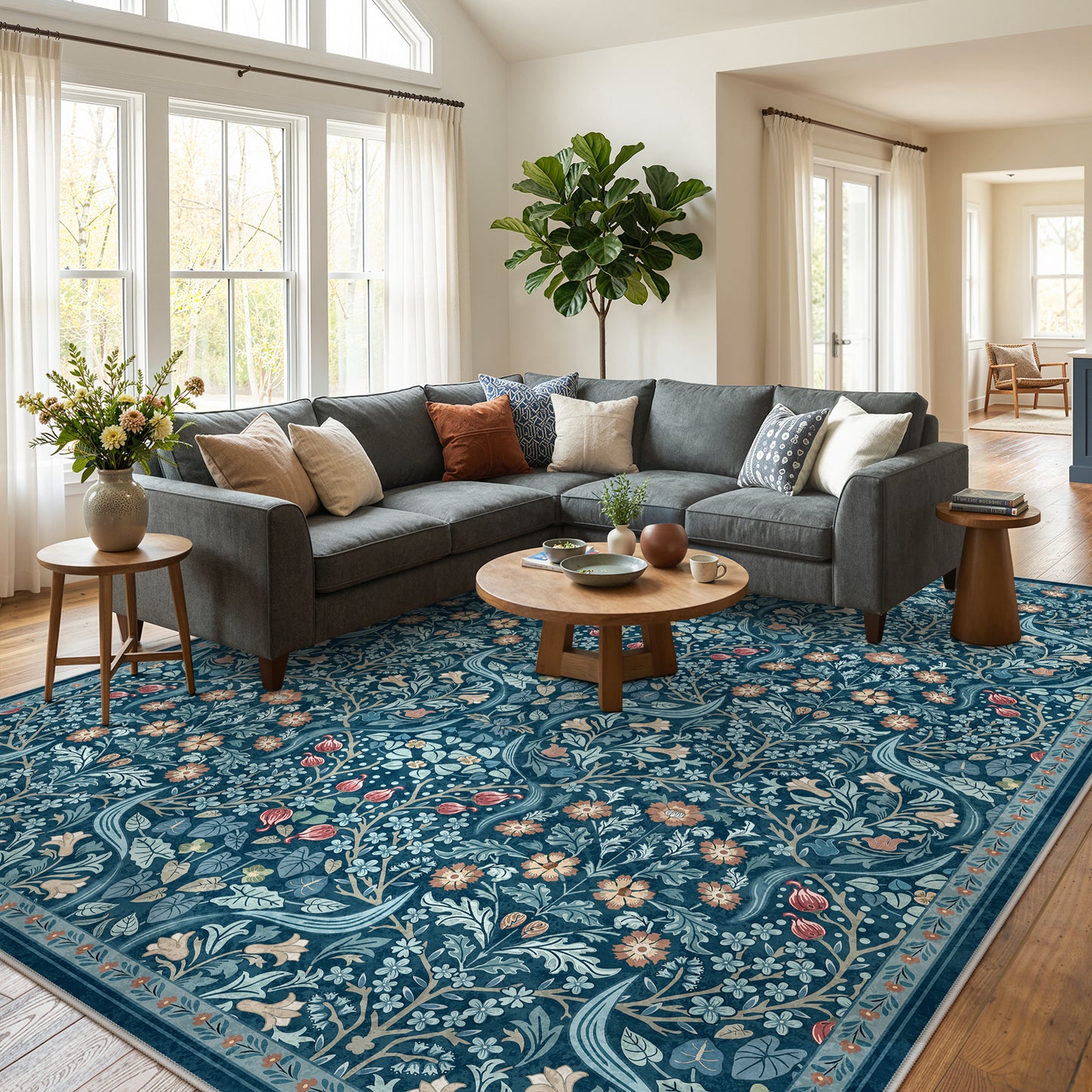 Lahome Washable Area Rug, Floral Rugs for Living Room, Non-Slip Soft Ultra Thin Boho Carpet for Bedroom Dining Room Under Table, Botanical Home Office Decor