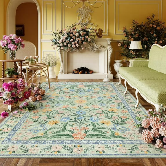 Moynesa Boho Green Area Rugs Living Room, Washable Floral Large Area Rugs for Bedroom, Soft Non-Slip Thin Rug for Nursery Kids Playroom Home