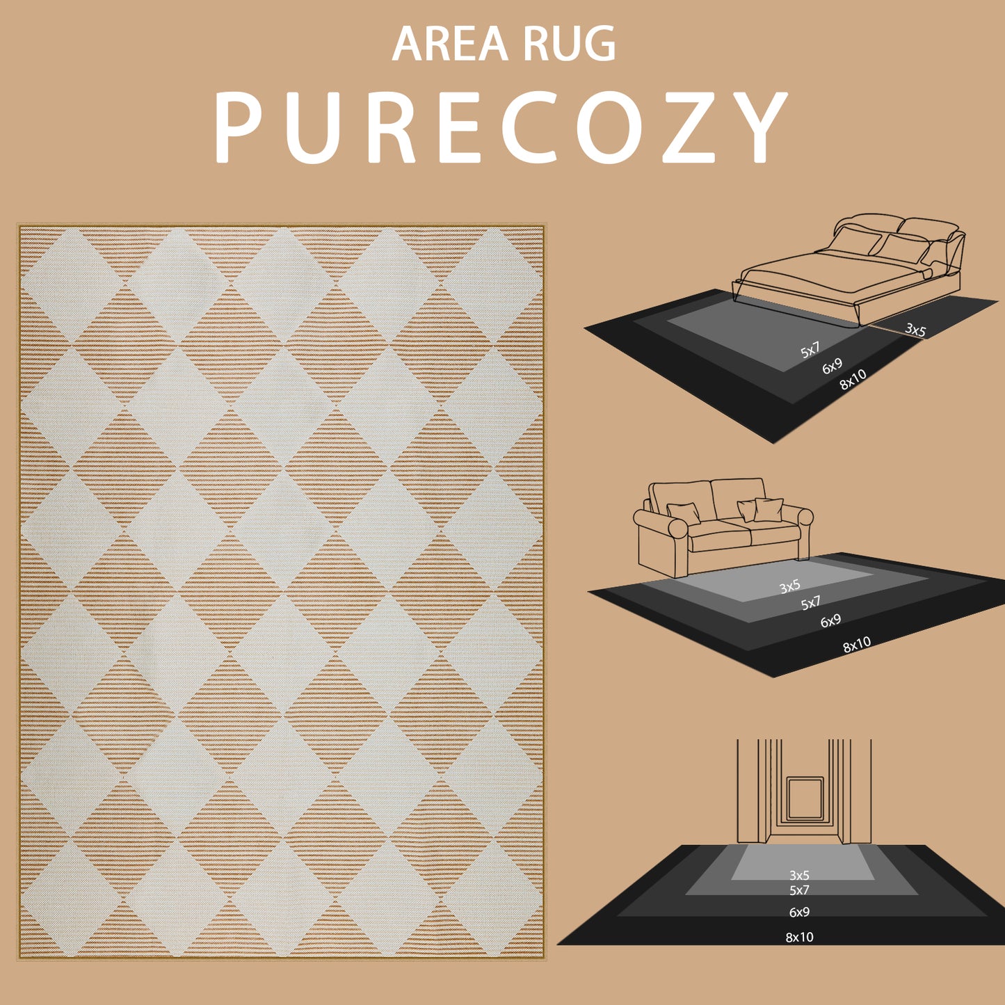 SUNDEREY Easy Jute Area Rugs for Entryway, Washable Non-Slip Modern Rugs for Living Room, Farmhouse Diamond Checkered Rug, Moroccan Soft Low Pile Carpet for Bedroom Office Dining Room
