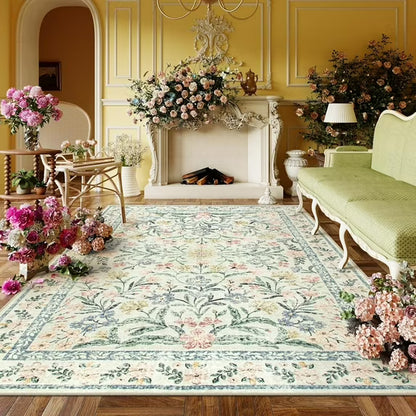 Moynesa Boho Green Area Rugs Living Room, Washable Floral Large Area Rugs for Bedroom, Soft Non-Slip Thin Rug for Nursery Kids Playroom Home