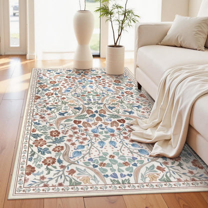 Lahome Floral Washable Rug, Large Rugs for Living Room, Soft Boho Bedroom Rugs, Non Slip Botanical Ultra Thin Floor Carpet for Dining Room Nursery
