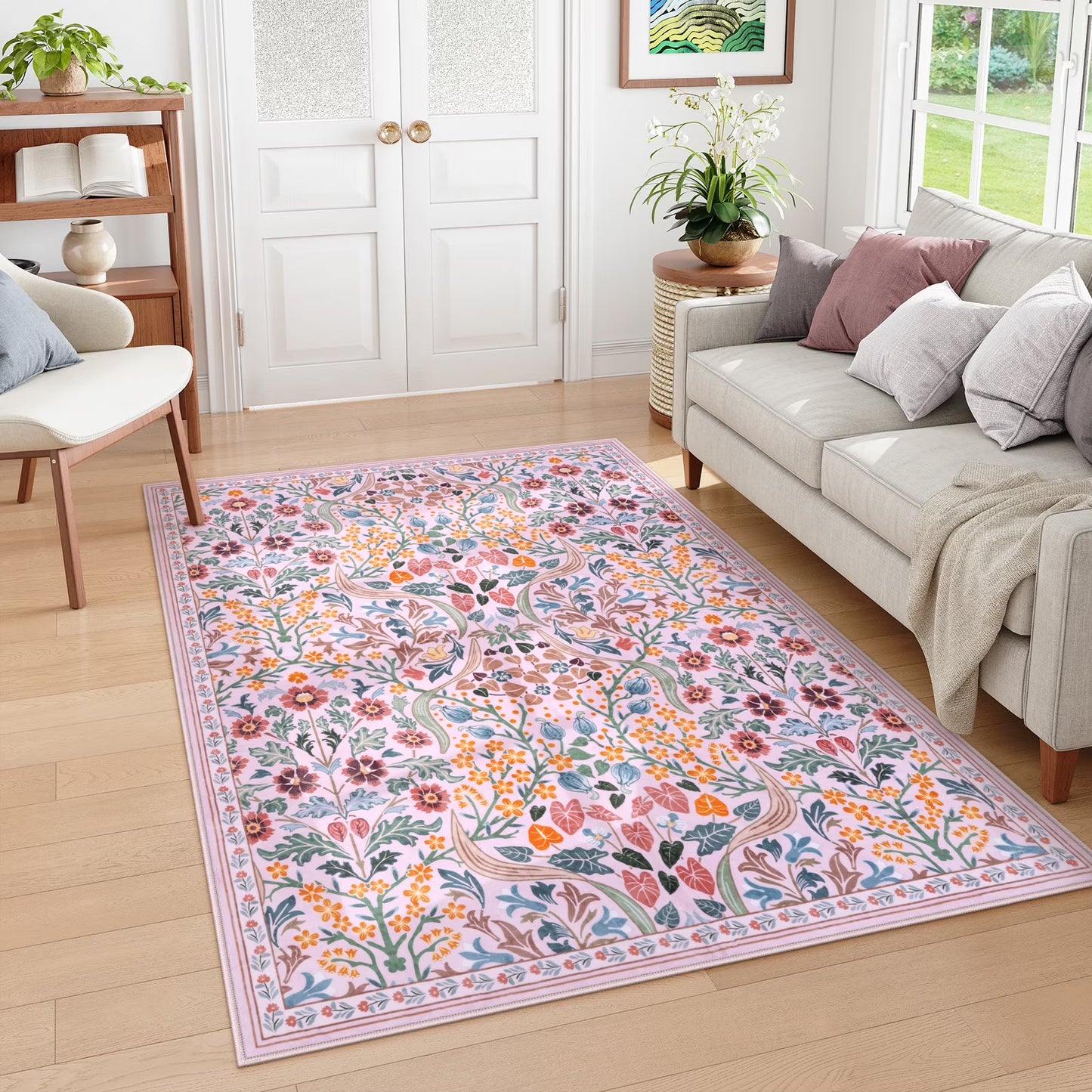 Lahome Floral Washable Rug, Large Rugs for Living Room, Soft Boho Bedroom Rugs, Non Slip Botanical Ultra Thin Floor Carpet for Dining Room Nursery