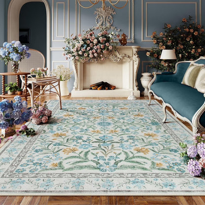 Moynesa Boho Green Area Rugs Living Room, Washable Floral Large Area Rugs for Bedroom, Soft Non-Slip Thin Rug for Nursery Kids Playroom Home
