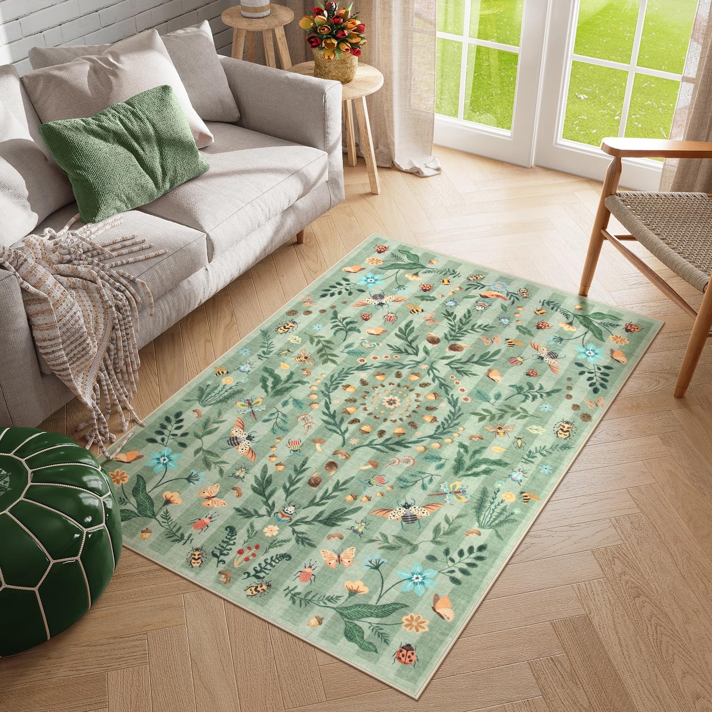 Lahome Decor Insect Botanical Washable Rugs for Bedroom, Soft Rug for Entryway, Kitchen Rugs Non Slip Washable, Boho Floral Indoor Throw Carpet for Bathroom Laundry Living Room