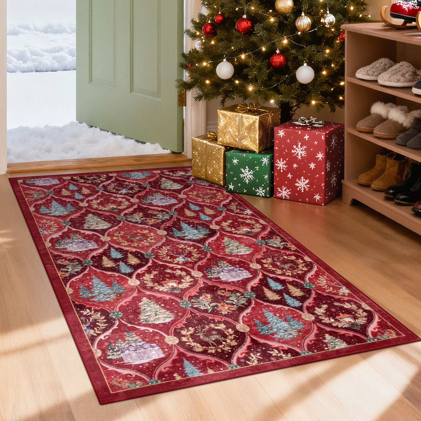 Moynesa Christmas Area Rug for Living Room, Large Rug Xmas Tree Modern Rug Kitchen Rug Washable Rug Non Slip Moroccan Carpet Holiday Decor Soft Accent Rug for Bedroom Dining Room