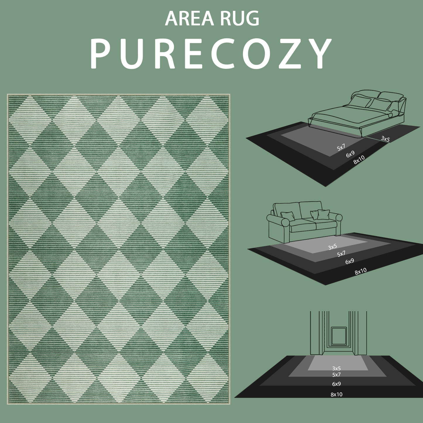 SUNDEREY Easy Jute Area Rugs for Entryway, Washable Non-Slip Modern Rugs for Living Room, Farmhouse Diamond Checkered Rug, Moroccan Soft Low Pile Carpet for Bedroom Office Dining Room