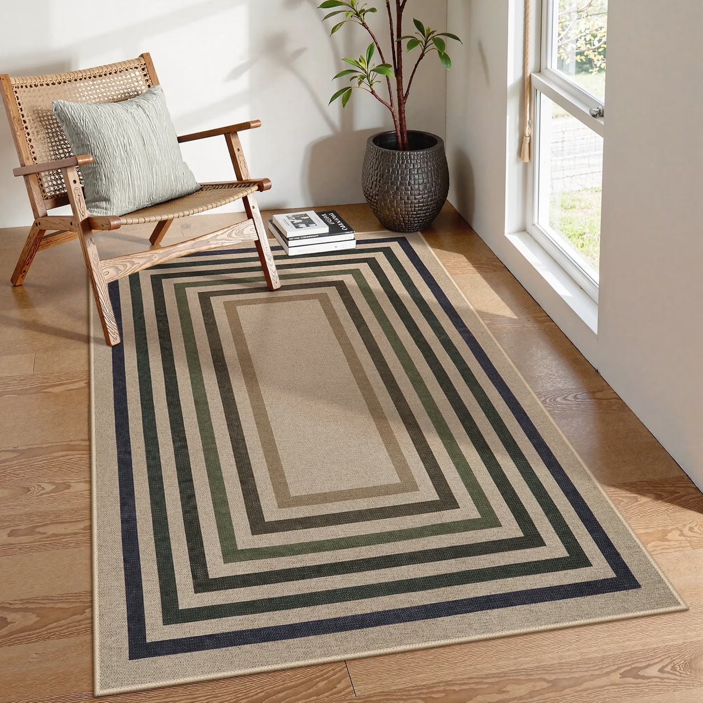 SUNDEREY Modern Geometric Area Rug, Washable Bedroom Rug,Easy Jute Indoor Outdoor Carpet, Farmhouse Checkered Non Slip Black Carpet for Office Couch Entrance Kitchen