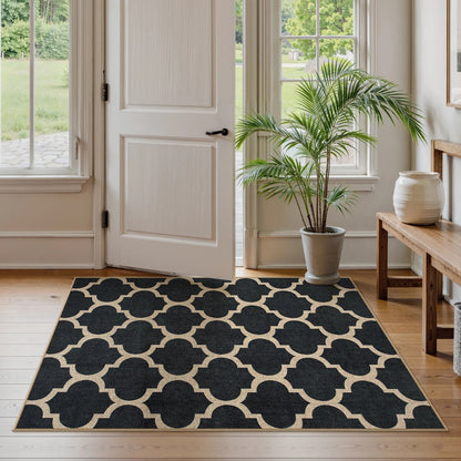 SUNDEREY Modern Geometric Area Rug, Washable Bedroom Rug,Easy Jute Indoor Outdoor Carpet, Farmhouse Checkered Non Slip Black Carpet for Office Couch Entrance Kitchen