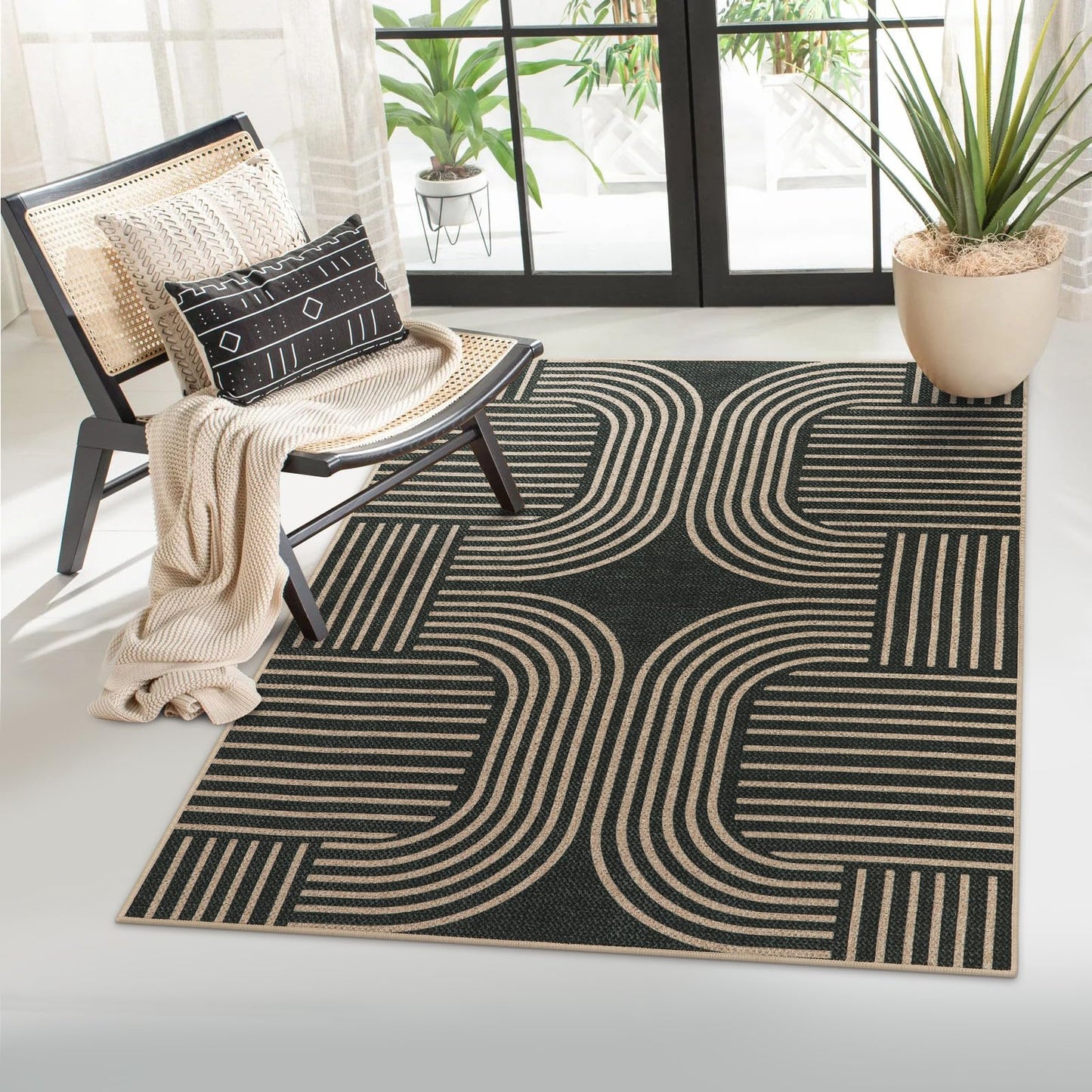 RUG ROBOT Modern Geometric Area Rugs for Living Room, Washable Easy Jute Black Indoor Outdoor Rugs for Entryway Non Slip, Farmhouse Accent Carpet for Bedroom Patio Courtyard