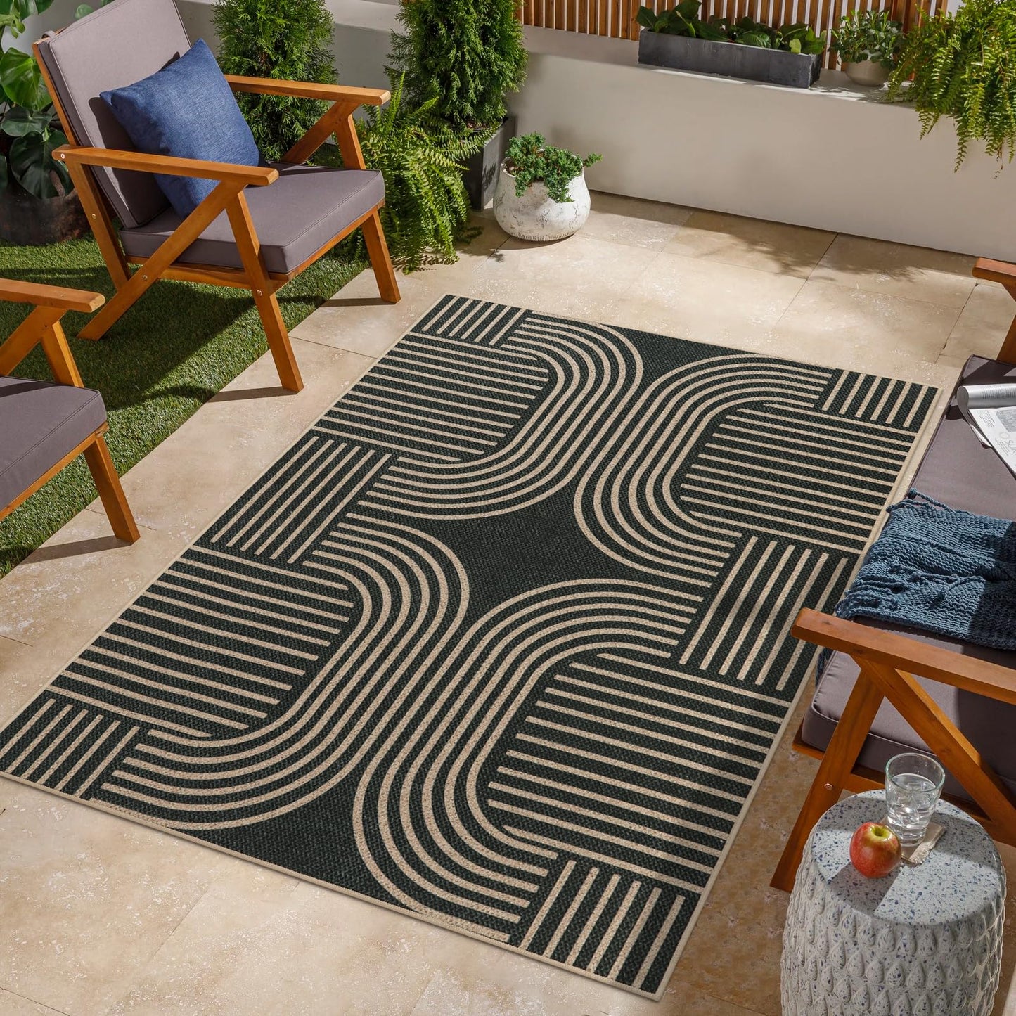 RUG ROBOT Modern Geometric Area Rugs for Living Room, Washable Easy Jute Black Indoor Outdoor Rugs for Entryway Non Slip, Farmhouse Accent Carpet for Bedroom Patio Courtyard