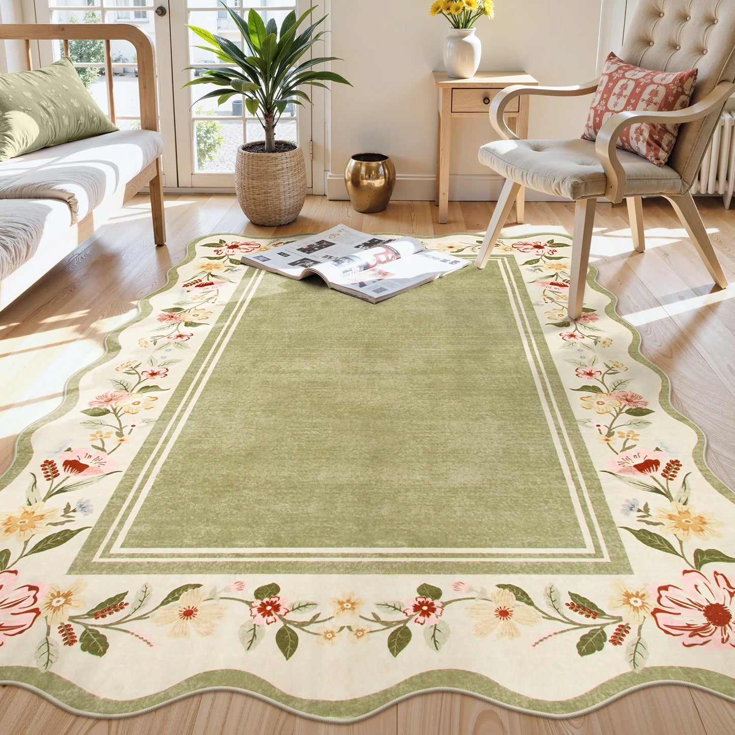 Lahome Floral Scalloped Area Rug for Living Room - Ultra-Thin Soft Washable Non-Slip Bedroom Stain Resistant Lightweight Boho Low-Pile Throw for Dining Room Office
