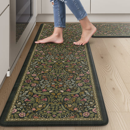 Wonnitar Floral Kitchen Rug Set of 2, Anti Fatigue Cushioned Mat for Kitchen, Non Slip Waterproof Indoor Botanical Kitchen Mat for Sink, Laundry, Hallway