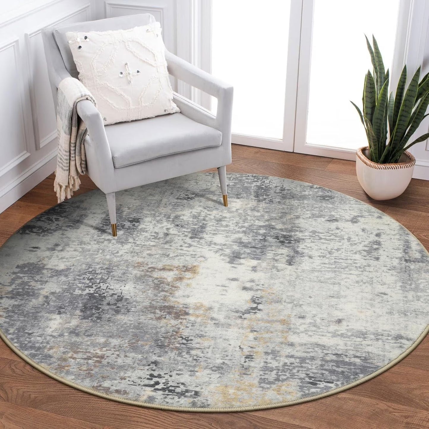 Moynesa Modern Abstract Round Rug,Gray Kitchen Rugs Soft Bedroom Circle Rugs Washable Living Room Mat, Contemporary Large Indoor Office Carpet for Mudroom Kitchen Apartment Basement