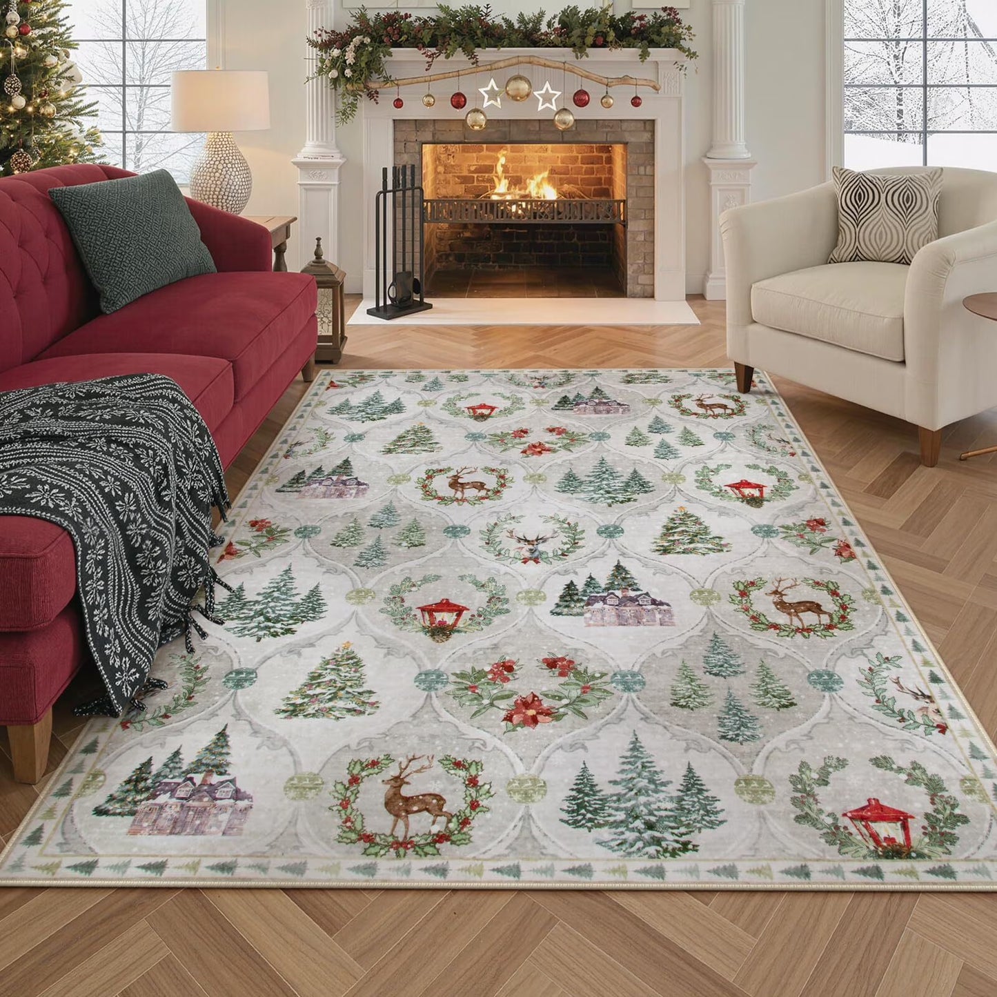 Moynesa Christmas Area Rug for Living Room, Large Rug Xmas Tree Modern Rug Kitchen Rug Washable Rug Non Slip Moroccan Carpet Holiday Decor Soft Accent Rug for Bedroom Dining Room