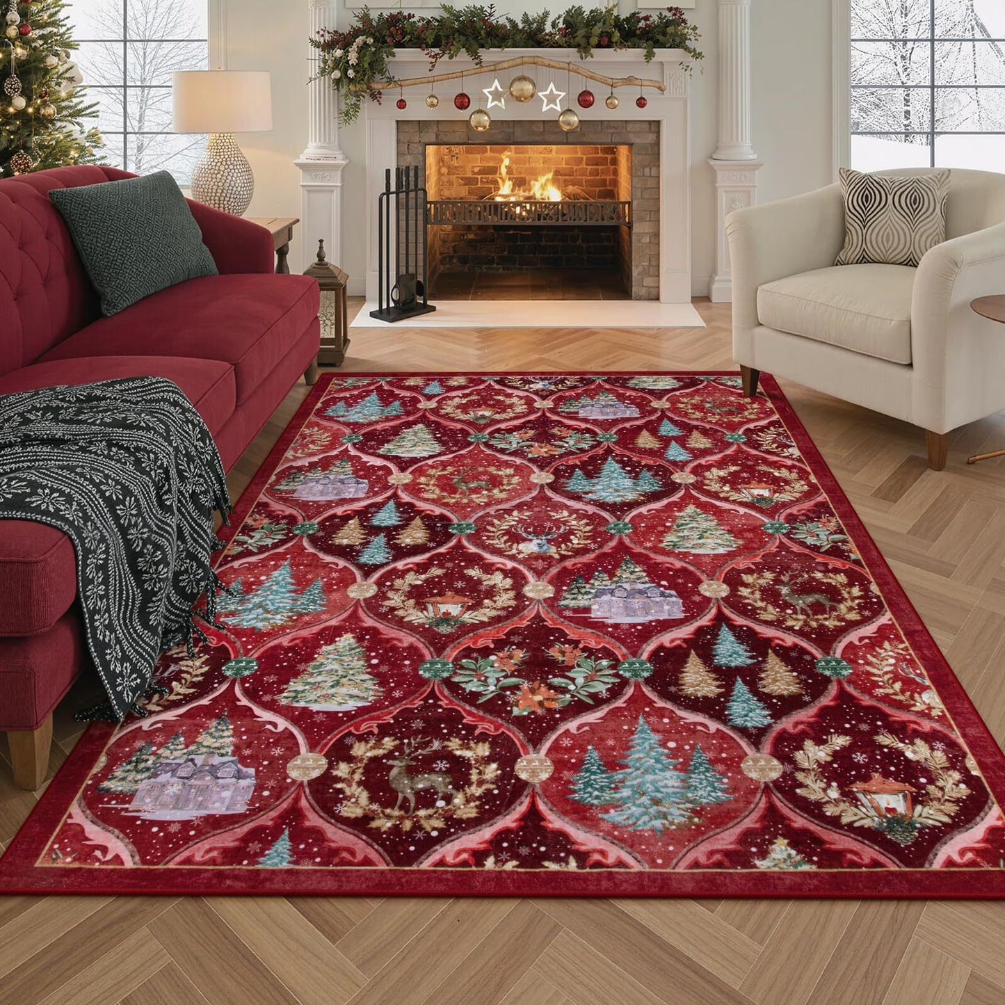 Moynesa Christmas Area Rug for Living Room, Large Rug Xmas Tree Modern Rug Kitchen Rug Washable Rug Non Slip Moroccan Carpet Holiday Decor Soft Accent Rug for Bedroom Dining Room