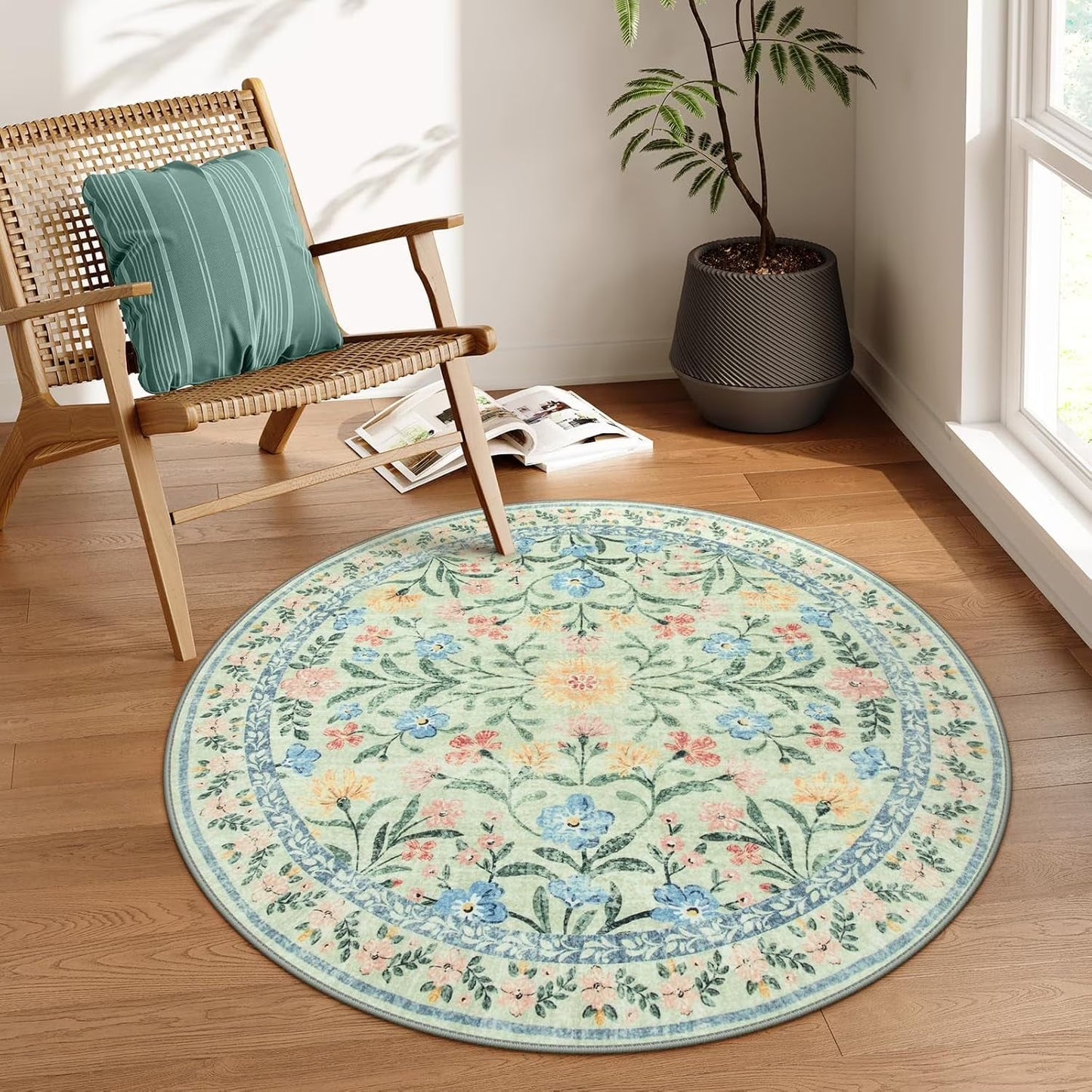 Moynesa Boho Green Area Rugs Living Room, Washable Floral Large Area Rugs for Bedroom, Soft Non-Slip Thin Rug for Nursery Kids Playroom Home