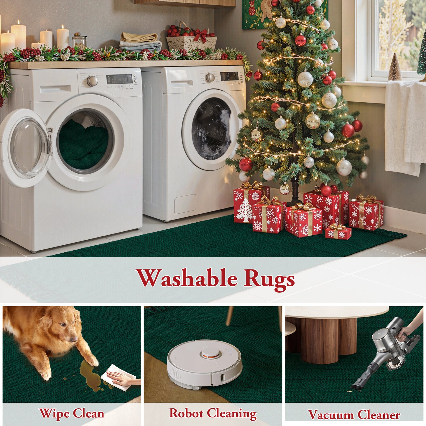 SUNDEREY Christmas Hallway Runner Rug, Washable Kitchen Rug, Cotton Woven Reversible Entryway Rug, Holiday Xmas Decor Boho Rug Low-Pile Throw Rug for ‎Dining Room Office,Green&Black