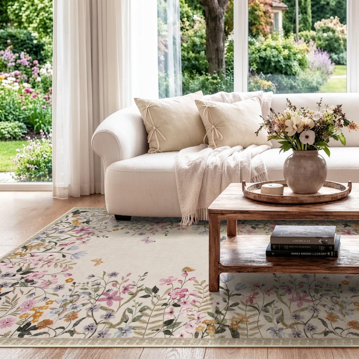 Wonnitar Floral Washable Rug, Rugs for Bedroom, Soft Low Pile Living Room Area Rug, Non-Slip Throw Carpet for Nursery Playroom