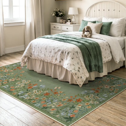 Wonnitar Floral Washable Rug, Rugs for Bedroom, Soft Low Pile Living Room Area Rug, Non-Slip Throw Carpet for Nursery Playroom