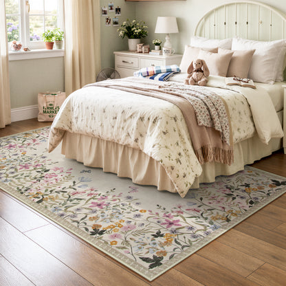 Wonnitar Floral Washable Rug, Rugs for Bedroom, Soft Low Pile Living Room Area Rug, Non-Slip Throw Carpet for Nursery Playroom