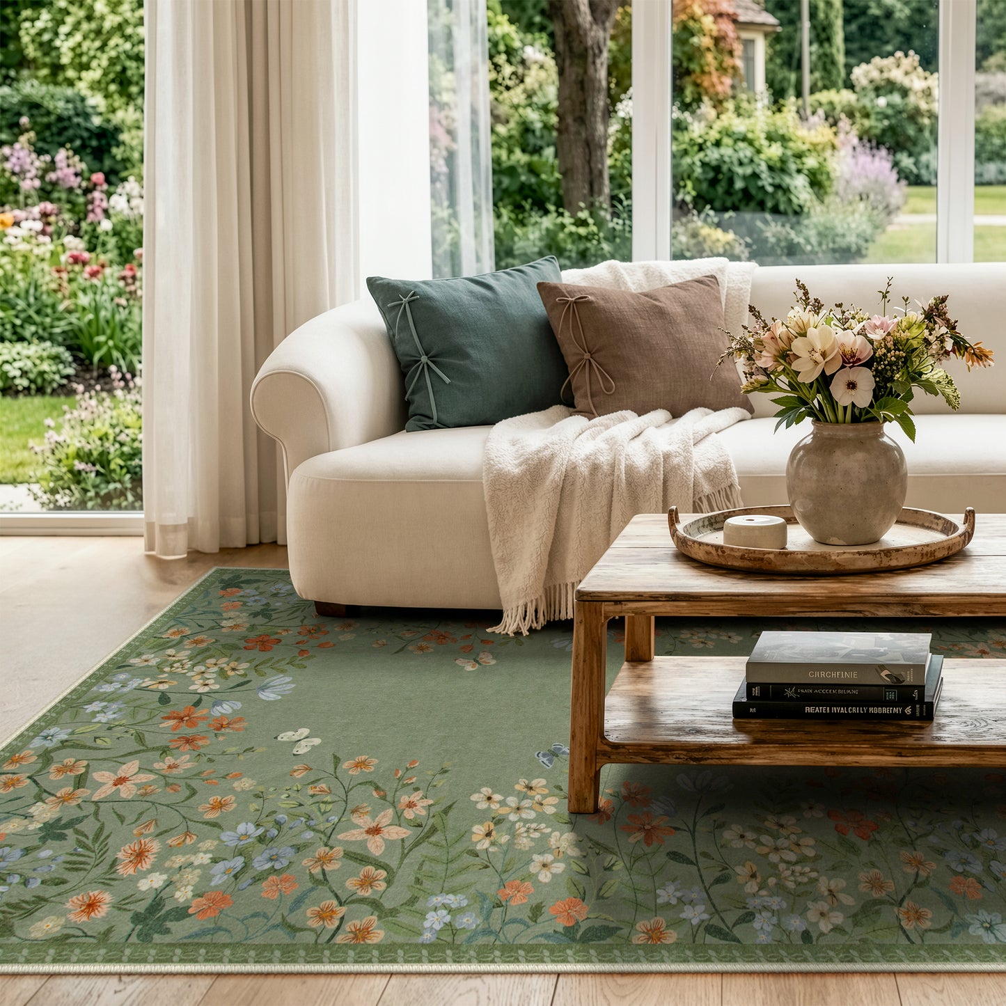 Wonnitar Floral Washable Rug, Rugs for Bedroom, Soft Low Pile Living Room Area Rug, Non-Slip Throw Carpet for Nursery Playroom