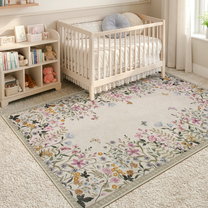 Wonnitar Floral Washable Rug, Rugs for Bedroom, Soft Low Pile Living Room Area Rug, Non-Slip Throw Carpet for Nursery Playroom