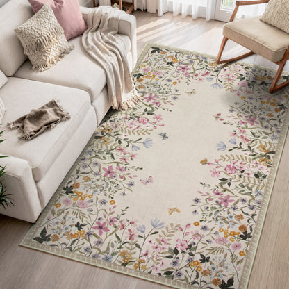 Wonnitar Floral Washable Rug, Rugs for Bedroom, Soft Low Pile Living Room Area Rug, Non-Slip Throw Carpet for Nursery Playroom
