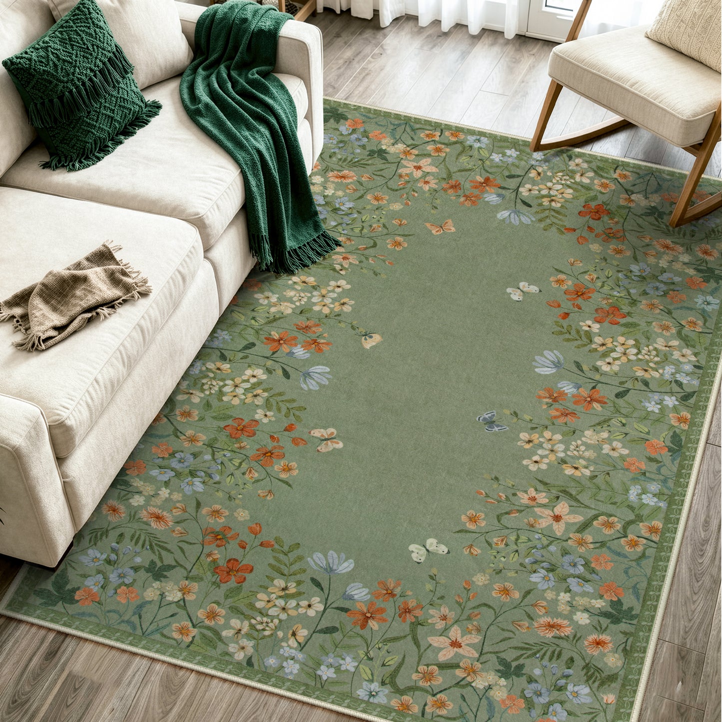 Wonnitar Floral Washable Rug, Rugs for Bedroom, Soft Low Pile Living Room Area Rug, Non-Slip Throw Carpet for Nursery Playroom