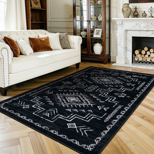 Lahome Moroccan Washable Area Rug - Western & Aztec Tribal Design, Soft Non-Slip Stain Resistant Carpet for Living Room, Bedroom, Dining Room, and Office