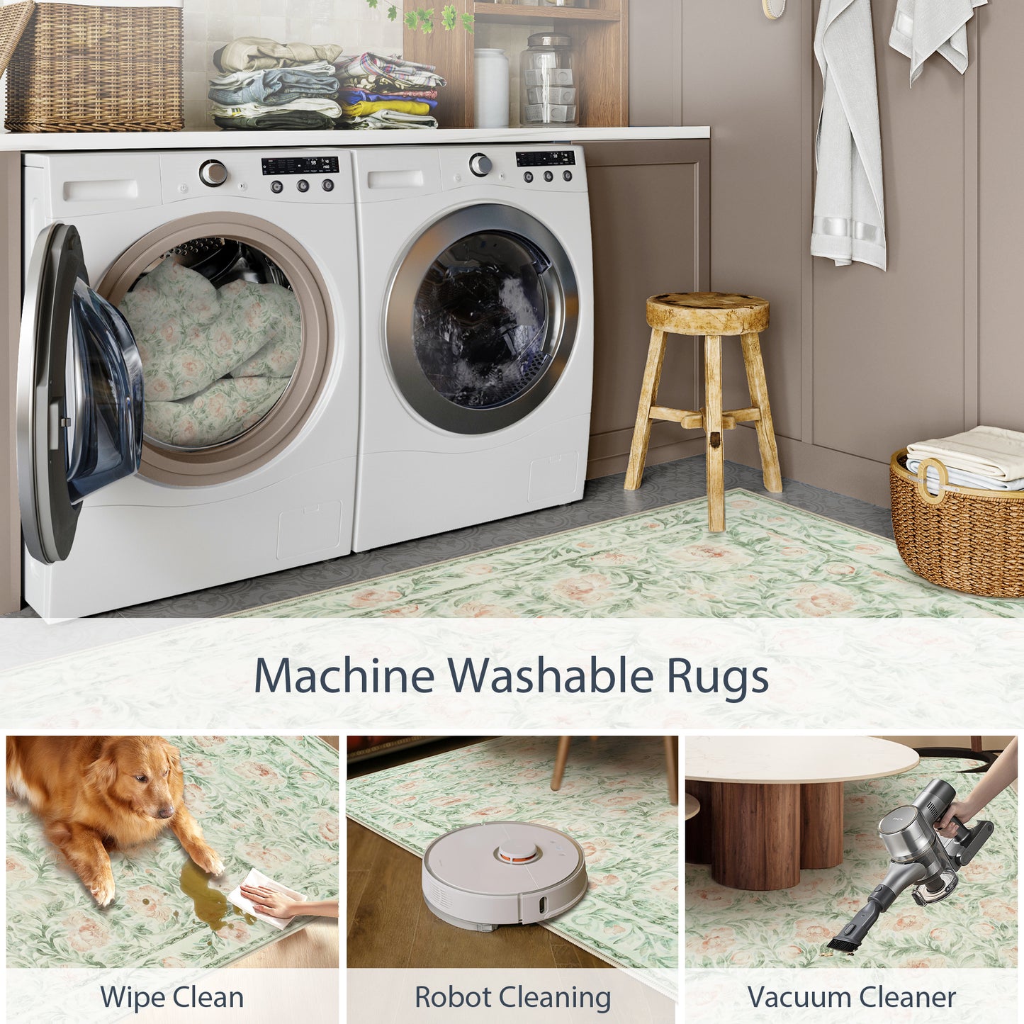 Lahome Decor Floral Living Room Rugs,Boho Area Rug for Bedroom Machine Washable Rug- Non-Slip Soft Indoor Carpet, Stain Resistant Low Pile for Farmhouse,Dining Room,Office