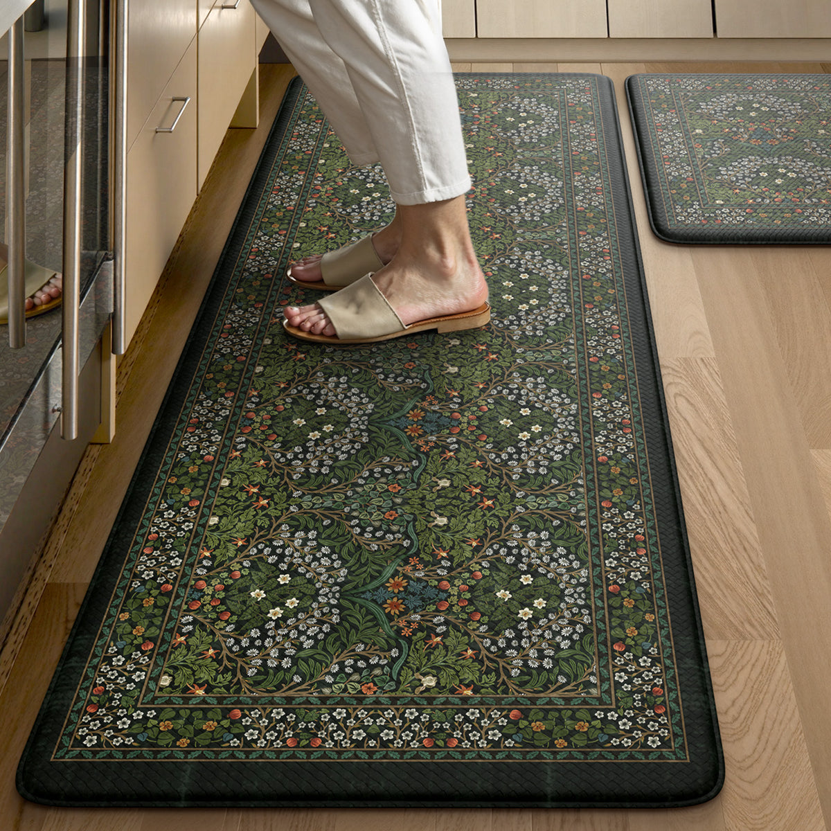 Wonnitar Floral Kitchen Rug Set of 2, Anti Fatigue Cushioned Mat for Kitchen, Non Slip Waterproof Indoor Botanical Kitchen Mat for Sink, Laundry, Hallway