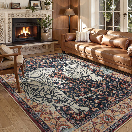 Moynesa Tiger Area Rugs, Boho Washable Rugs for Living Room, Vintage Soft Dining Room Rug, Non Slip Ultra Thin Stain Resistant Large Floor Carpet for Office Bedroom