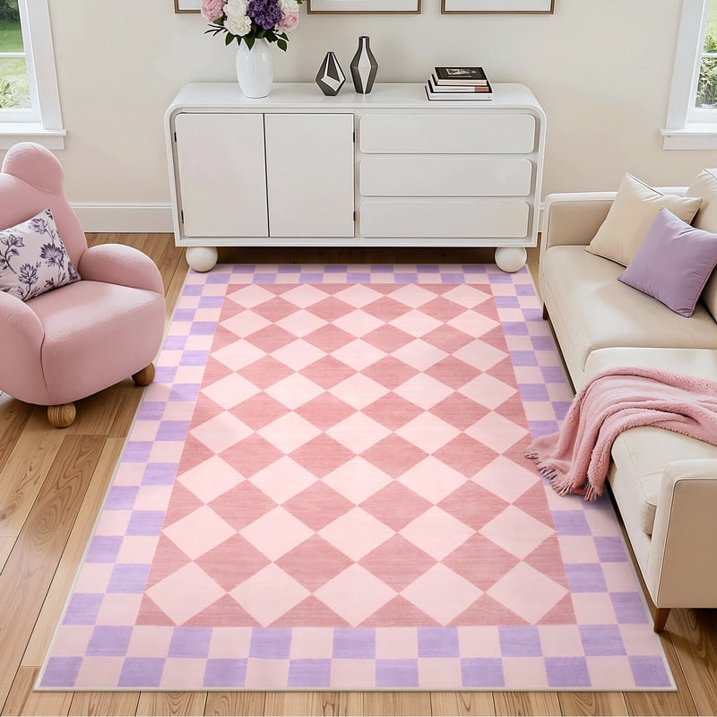 Wonnitar Checkered Area Rug, Washable Checkerboard Rug for Living Room, Non Slip Soft Low Pile Geometric Indoor Carpet for Bedroom, Nursery, Office