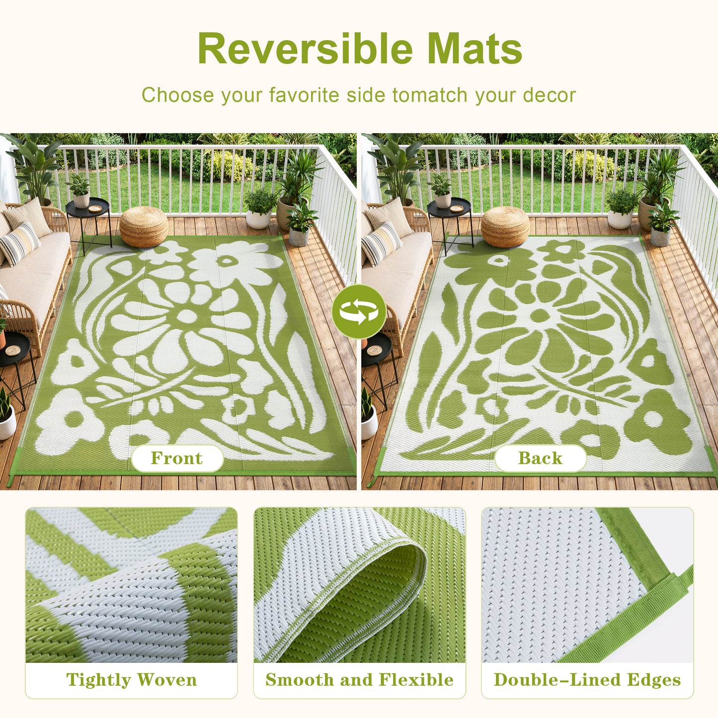 Moynesa Outdoor Rugs Waterproof, Plastic Straw RV Rugs for Outside, Large Portable RV Outdoor Rugs for Camping, Reversible Flower Picnic Mat for Camper Garden Tent