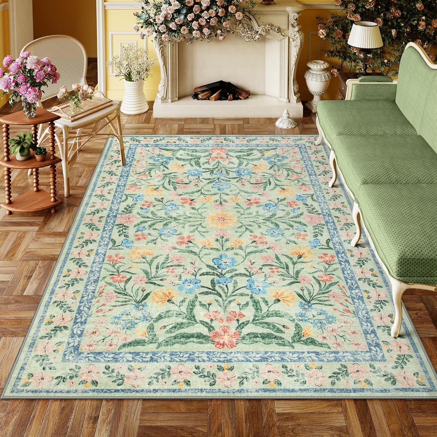 Moynesa Boho Green Area Rugs Living Room, Washable Floral Large Area Rugs for Bedroom, Soft Non-Slip Thin Rug for Nursery Kids Playroom Home
